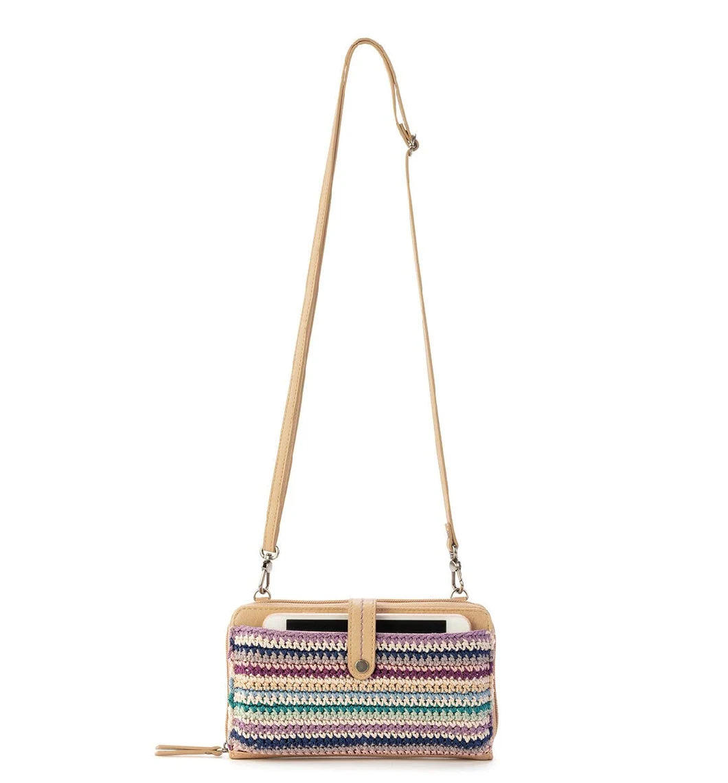 Women′s Bag Large Smartphone Crossbody Bag in Hand Crochet Faux Leather Detachable Wristlet Strap Bucket Bag