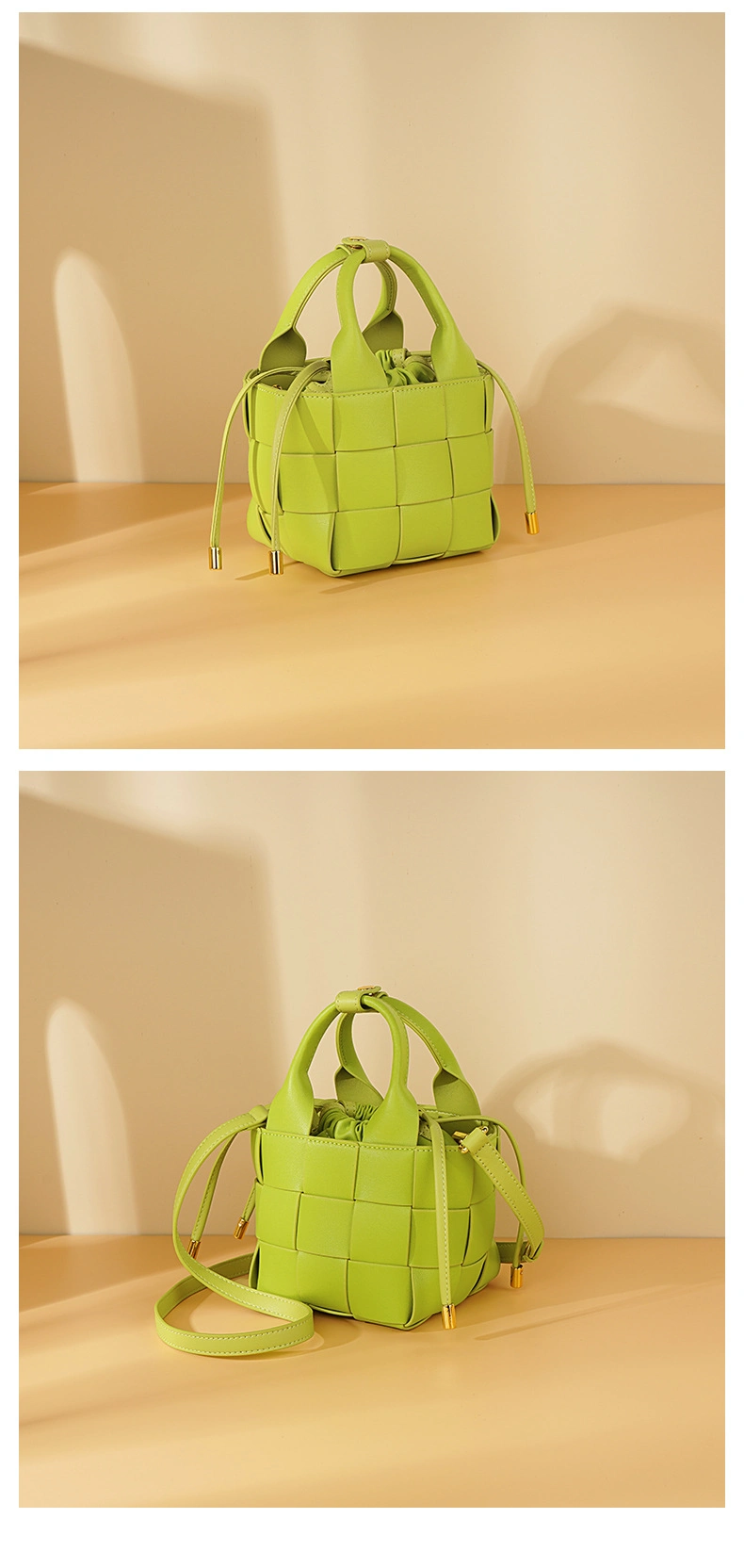 Mini Lady Real Leather Leisure Designer Handbag Khaki Small Square Bucket Drawstring Shoulder Bags Rsxl-W7368